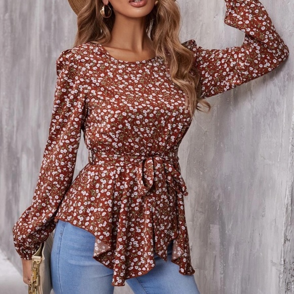 BellanBlue Tops - Boho Floral Print Peplum Ruffle Blouse